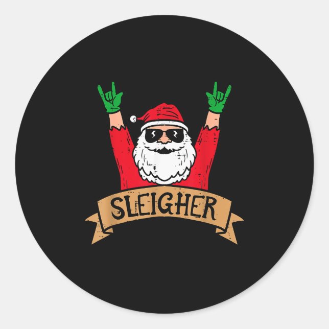 Pegatina Redonda Christmas Sleigher Santa Rock Xmas Rocker Men Wome (Anverso)