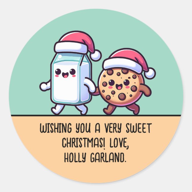 Pegatina Redonda Christmas Snacks Milk and Cookie Cute Custom Text (Anverso)