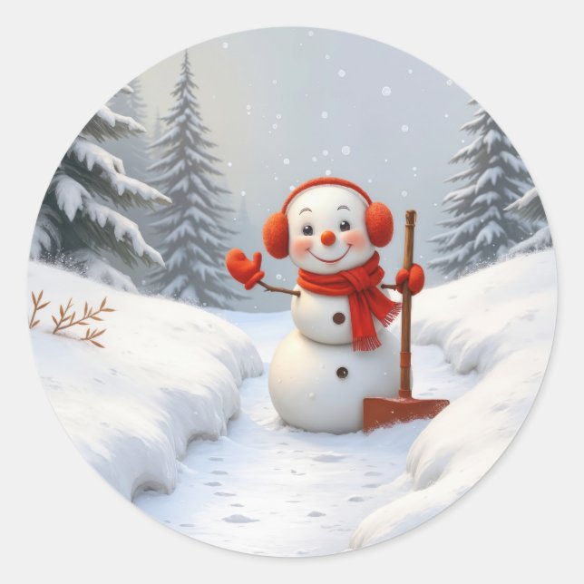 Pegatina Redonda Christmas Snowman with a Red Shovel (Anverso)