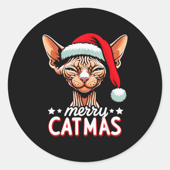 Pegatina Redonda Christmas Sphynx Cat Merry Catmas Santa Hat Xmas  (Anverso)