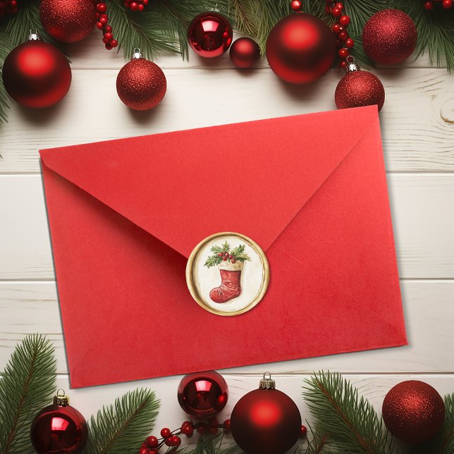 Pegatina Redonda Christmas Stocking Holly Faux Wax (Christmas Stocking Holly Faux Wax Classic Round Sticker)