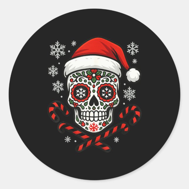 Pegatina Redonda Christmas Sugar Calavera Skull Santa Hat Candy Can (Anverso)
