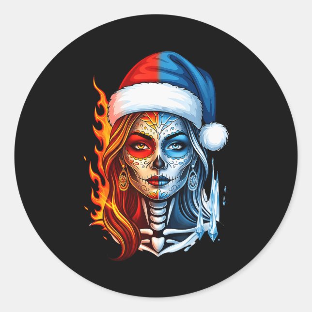 Pegatina Redonda Christmas Sugar Skull Art Woman Santa Hat Fantasy  (Anverso)
