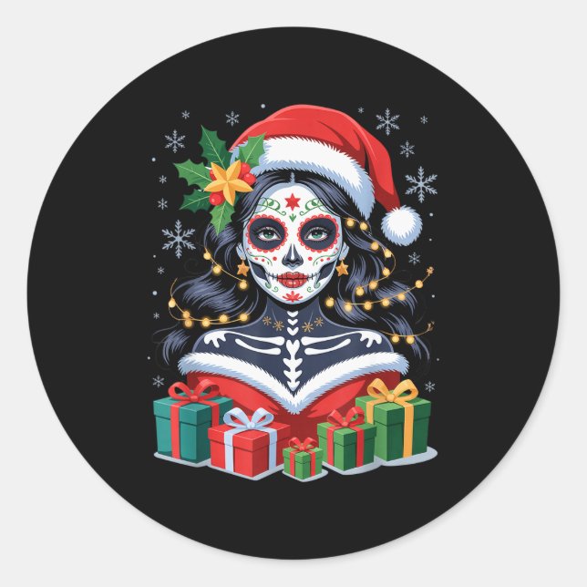 Pegatina Redonda Christmas Sugar Skull Art Woman Santa Hat Festive  (Anverso)
