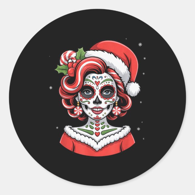 Pegatina Redonda Christmas Sugar Skull Art Woman Santa Hat Festive  (Anverso)