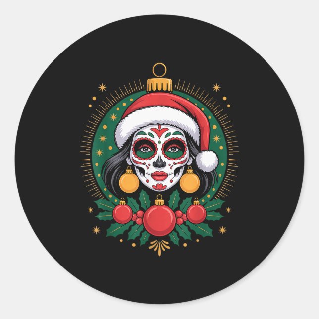 Pegatina Redonda Christmas Sugar Skull Art Woman Santa Hat Festive  (Anverso)