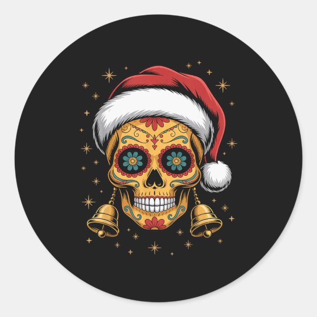 Pegatina Redonda Christmas Sugar Skull Art Woman Santa Hat Festive  (Anverso)