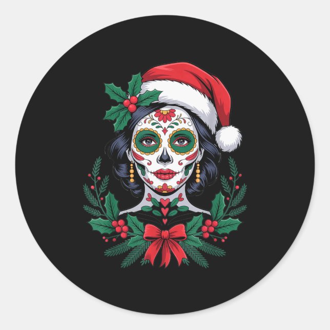 Pegatina Redonda Christmas Sugar Skull Art Woman Santa Hat Festive  (Anverso)