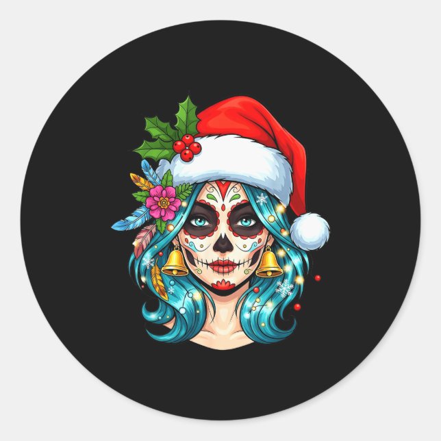Pegatina Redonda Christmas Sugar Skull Art Woman Santa Hat Festive  (Anverso)