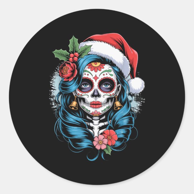 Pegatina Redonda Christmas Sugar Skull Art Woman Santa Hat Festive  (Anverso)
