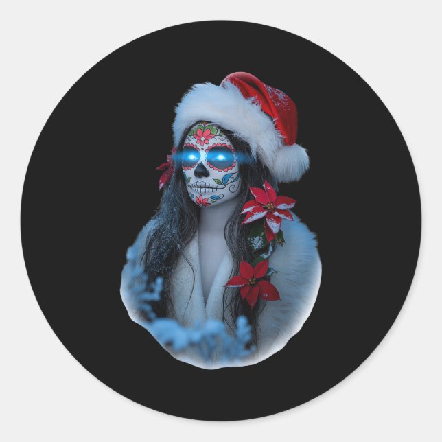 Pegatina Redonda Christmas Sugar Skull Art Woman Santa Hat Festive  (Anverso)