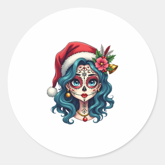 Pegatina Redonda Christmas Sugar Skull Art Woman Santa Hat Festive  (Anverso)