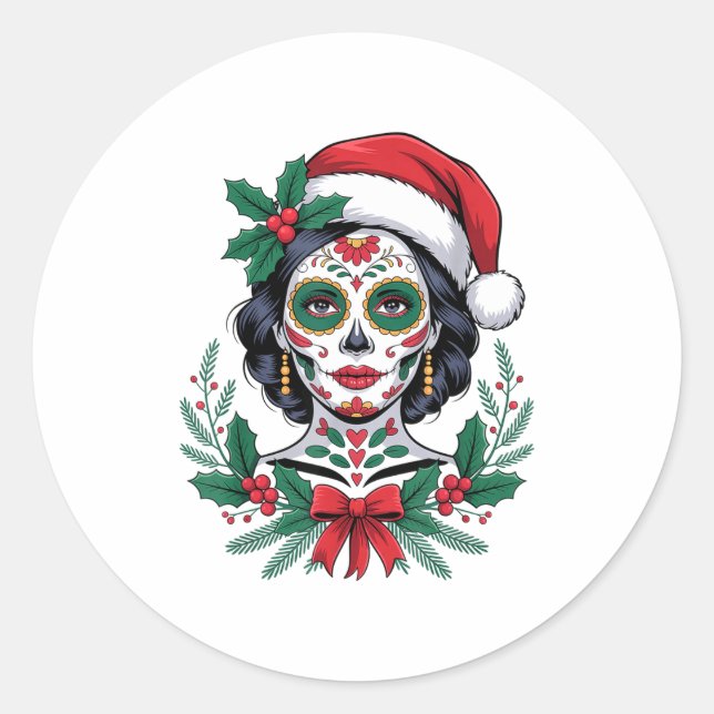 Pegatina Redonda Christmas Sugar Skull Art Woman Santa Hat Festive  (Anverso)