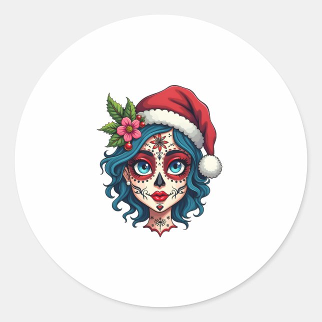 Pegatina Redonda Christmas Sugar Skull Art Woman Santa Hat Festive  (Anverso)