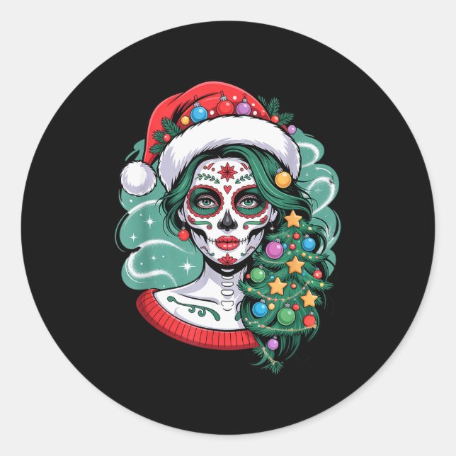 Pegatina Redonda Christmas Sugar Skull Art Woman Santa Hat Festive  (Anverso)