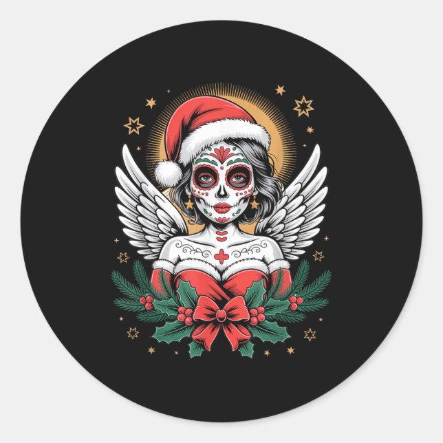 Pegatina Redonda Christmas Sugar Skull Art Woman Santa Hat Festive  (Anverso)