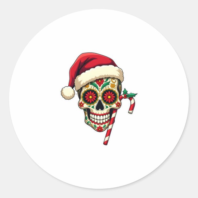 Pegatina Redonda Christmas Sugar Skull Santa Hat Day Of The Dead Xm (Anverso)