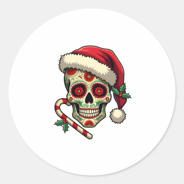 Pegatina Redonda Christmas Sugar Skull Santa Hat Day Of The Dead Xm (Anverso)
