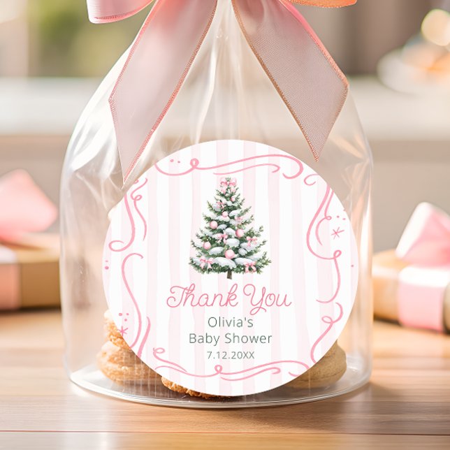 Pegatina Redonda Christmas Thee Pink Winter Baby Shower Thank You (Subido por el creador)