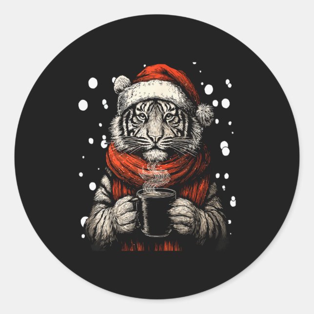 Pegatina Redonda Christmas Tiger With Santa Hat Coffee Lover Funny  (Anverso)