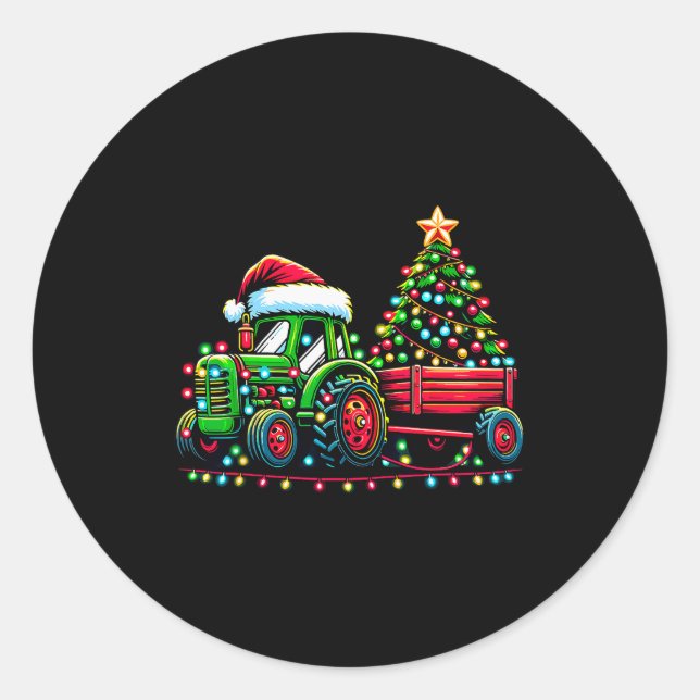 Pegatina Redonda Christmas Tractor Boys Santa Xmas Farm Truck  (Anverso)