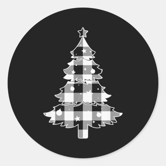 Pegatina Redonda Christmas Tree Black &amp; White Buffalo Plaid Mer (Anverso)
