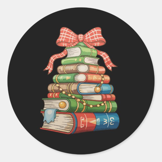 Pegatina Redonda Christmas Tree Books Bow Reading Librarian Teacher (Anverso)