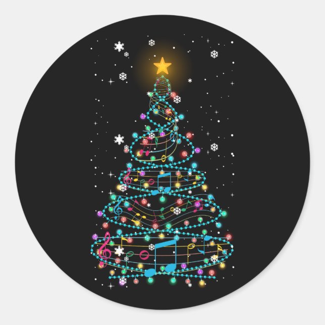 Pegatina Redonda Christmas Tree Lights Music Notes Musical Xmas Tre (Anverso)