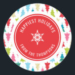 Pegatina Redonda CHRISTMAS TREE PATTERN festivo moderno mínimo rojo<br><div class="desc">por kat massard >>> www.simplysweetpaperie.com<<< A cute little personalized sticker that can be used for any occasion - handmade craft items for Christmas, small business, or to dress up your personal seasonal stationery. Setup as a template it is easy to customize with your own text - make it yours! >>>...</div>