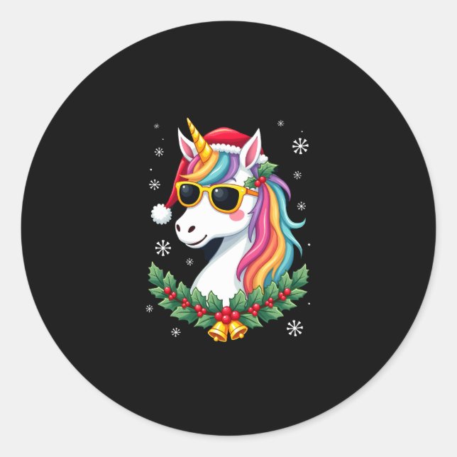 Pegatina Redonda Christmas Unicorn Girls Boys Xmas Santa Cute Kids  (Anverso)