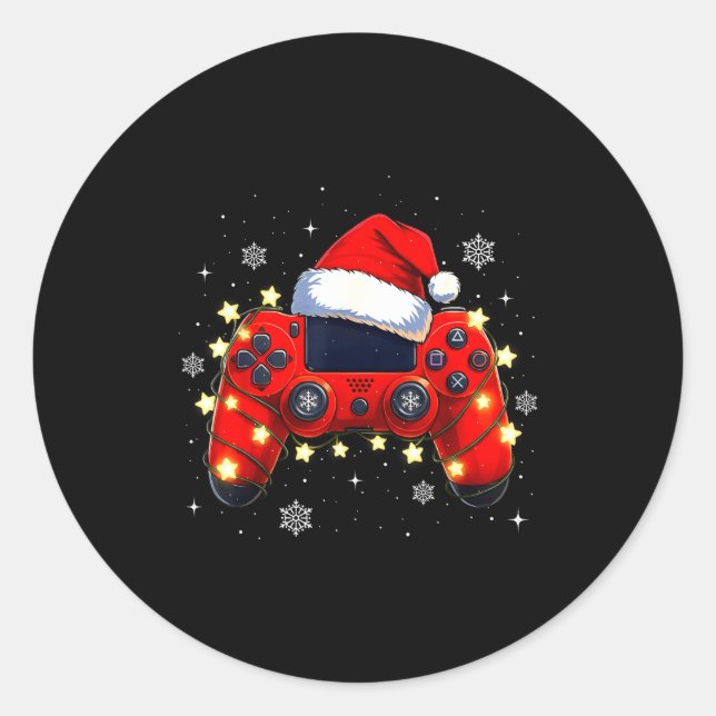 Pegatina Redonda Christmas Video Game Controller Santa Hat Gamer Bo (Anverso)
