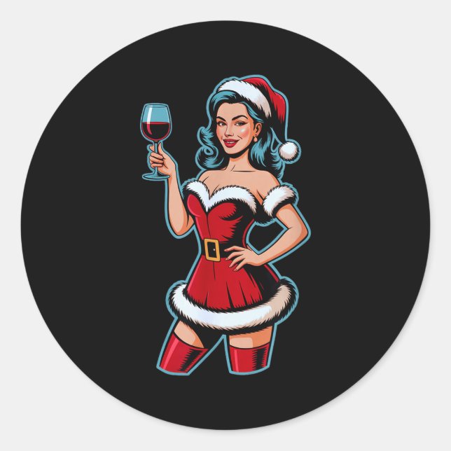 Pegatina Redonda Christmas Wine Santa Girl Holiday Party Funny Vint (Anverso)