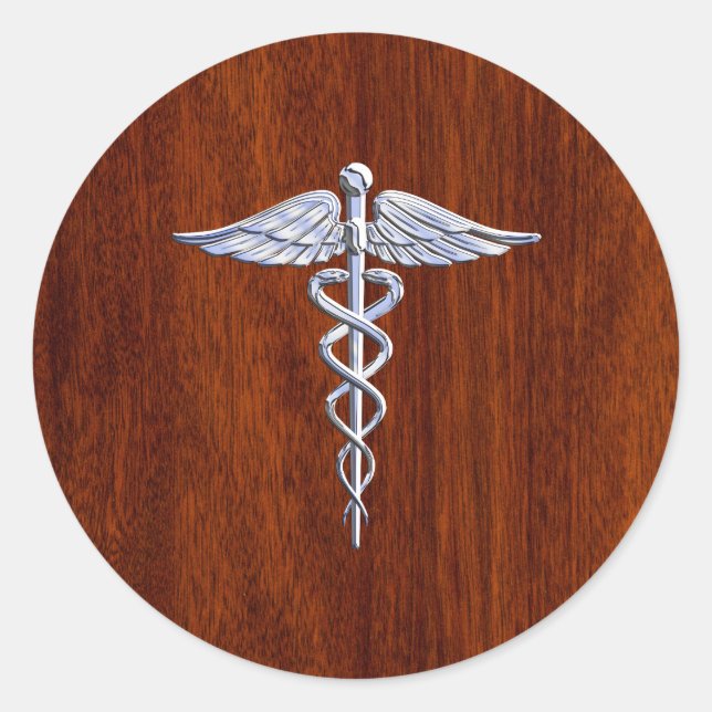 Pegatina Redonda Chrome como símbolo médico de Caduceus Mahogany Br (Anverso)