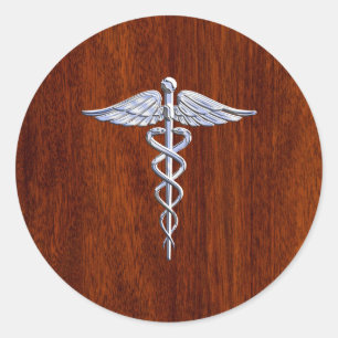 Pegatina Redonda Chrome como símbolo médico de Caduceus Mahogany Br