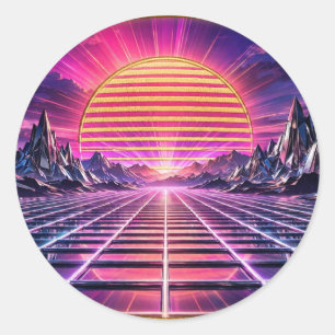 Pegatina Redonda Chrome Horizon — Atardecer Retro Synthwave
