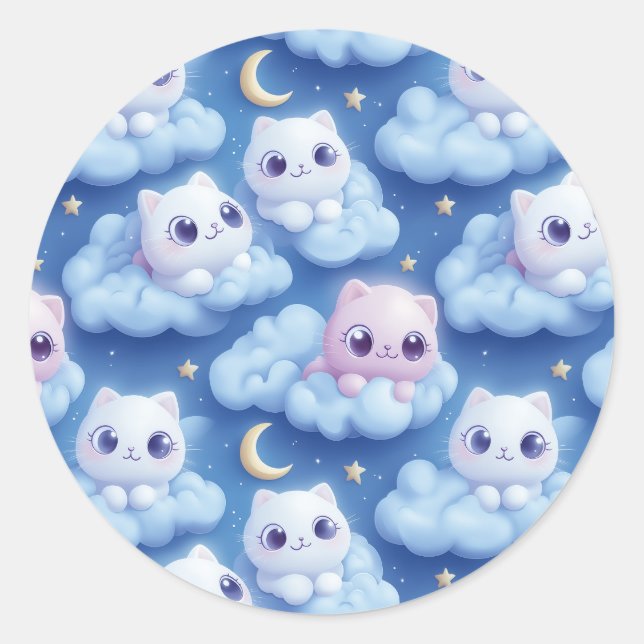Pegatina Redonda "Chubby Kawaii Gats and Clouds 3D Seamless Pattern (Anverso)
