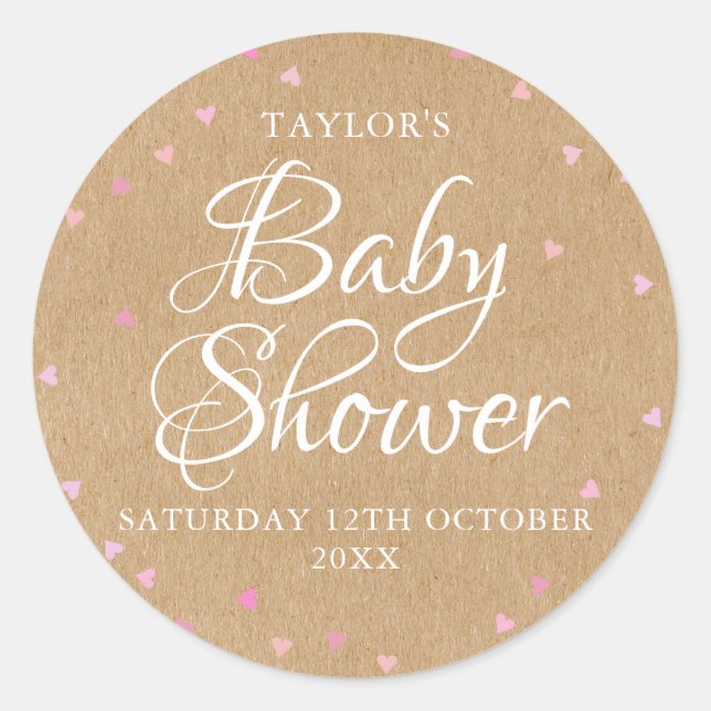 Pegatina Redonda Chupete de bebé corazones rosados kraft rústico (Anverso)