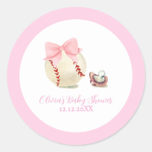 Pegatina Redonda Chupete de lazo rosa béisbol deporte niña baby sho