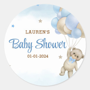 Pegatina Redonda Chupete de osito globos azules Baby Shower