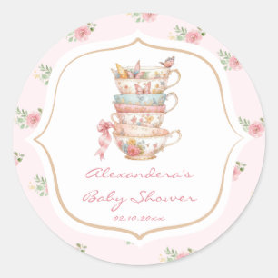 Pegatina Redonda Chupito de té floral rosa para baby shower