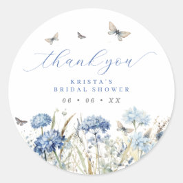 Pegatina Redonda Chuva de Flores Azules y Mariposas Agradecimiento 