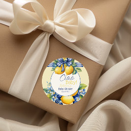 Pegatina Redonda Ciao Baby Blue Bow Tile Lemon Baby Shower