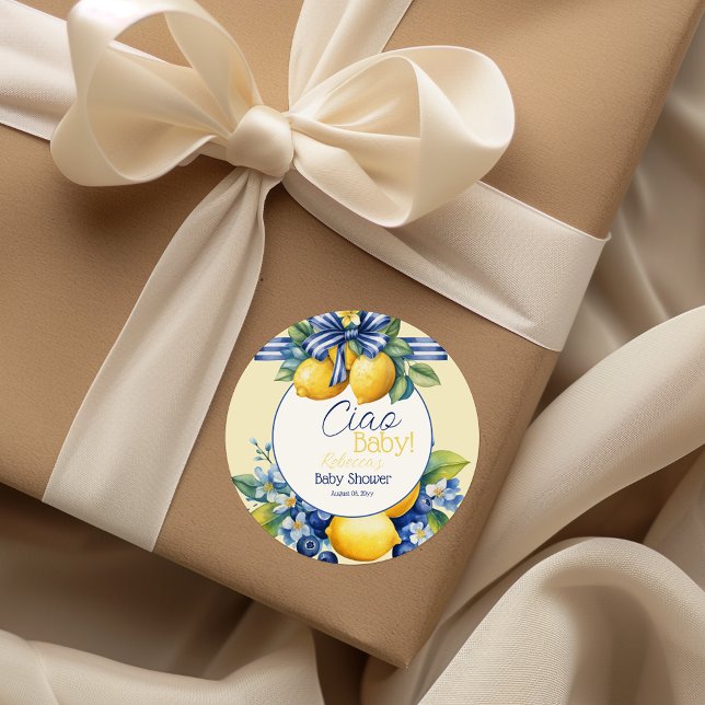 Pegatina Redonda Ciao Baby Blue Bow Tile Lemon Baby Shower (Subido por el creador)
