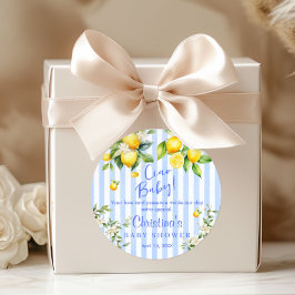 Pegatina Redonda Ciao Baby Blue Stripe Lemon Baby Shower Thank you 