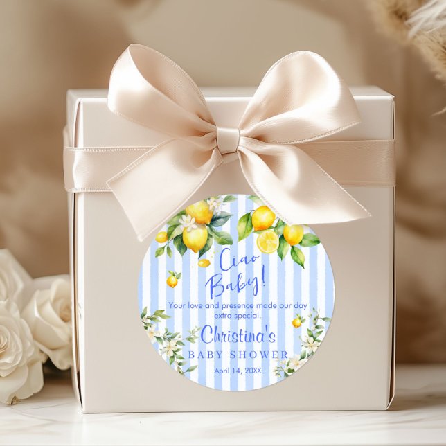 Pegatina Redonda Ciao Baby Blue Stripe Lemon Baby Shower Thank you  (Ciao Baby Blue Stripe Lemon Baby shower Thank you Stickers)