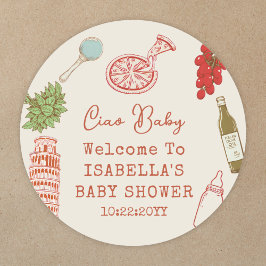 Pegatina Redonda Ciao Baby Line Art Italian Pizza Baby Shower