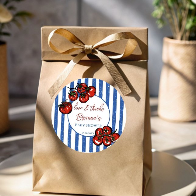 Pegatina Redonda Ciao baby tomato blue Italian baby shower favor (Ciao baby tomato blue stripes  Italian farmers market baby shower personalized favor  Stickers)