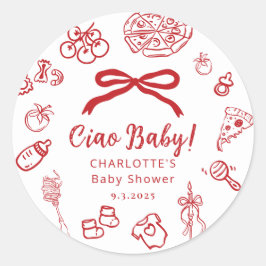 Pegatina Redonda Ciao Baby Whimsical Red Bow Baby Shower