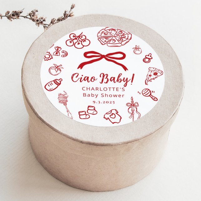 Pegatina Redonda Ciao Baby Whimsical Red Bow Baby Shower (Subido por el creador)
