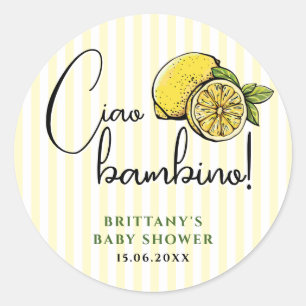 Pegatina Redonda Ciao Bambino Lemon Baby Shower de verano italiano